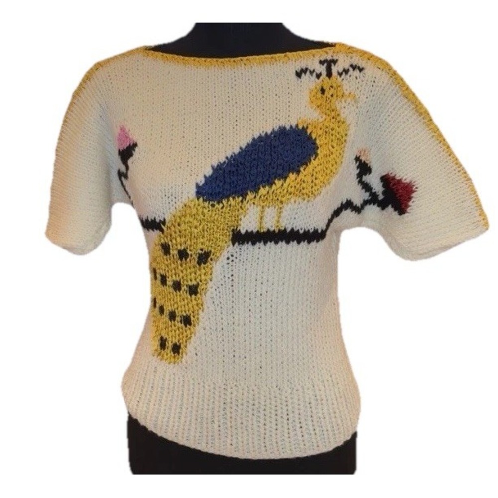 Rare VTG The Eagle's Eye Style Peacock Bird White Wool Blend Knit Pullover Top S